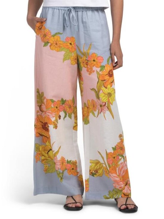 Maison D’Amelie Pants - MAISON D'AMELIE Linen Blend Printed Wide Leg Pants With Elastic Waist